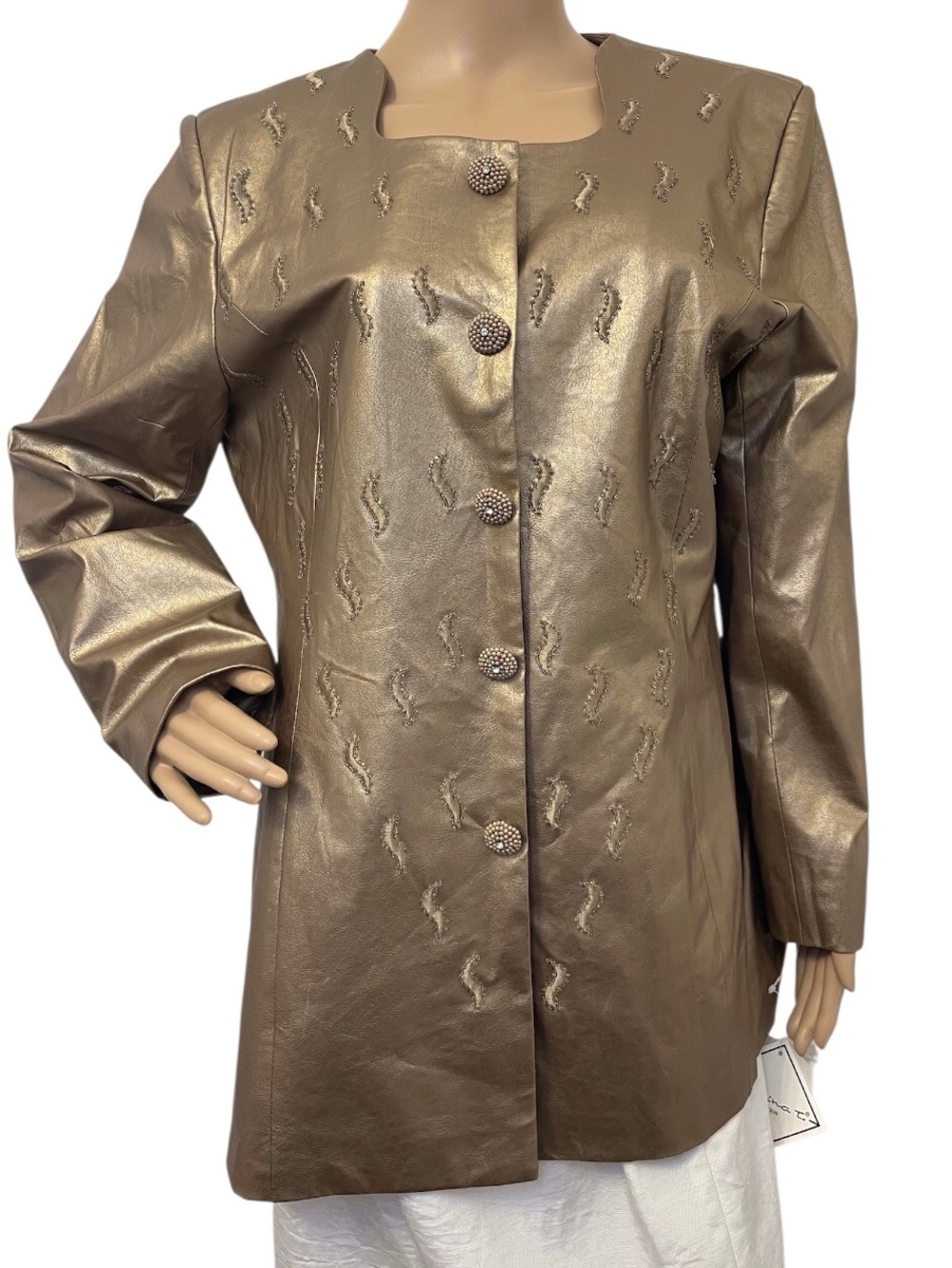 Mattina J. Metallic Gold Embroidered Button-Up Women's Jacket, 14.